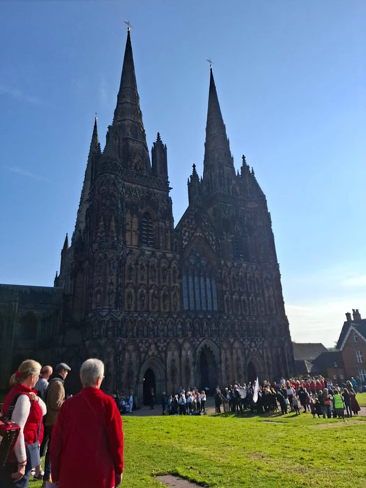 2 Butterflies surveying the scene of large groups of dancers in front of the silhouetted cathedral